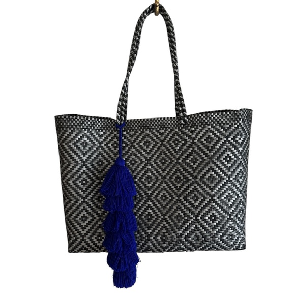 Handbags - Black and White Patterned Tote Bag with Blue Tassel